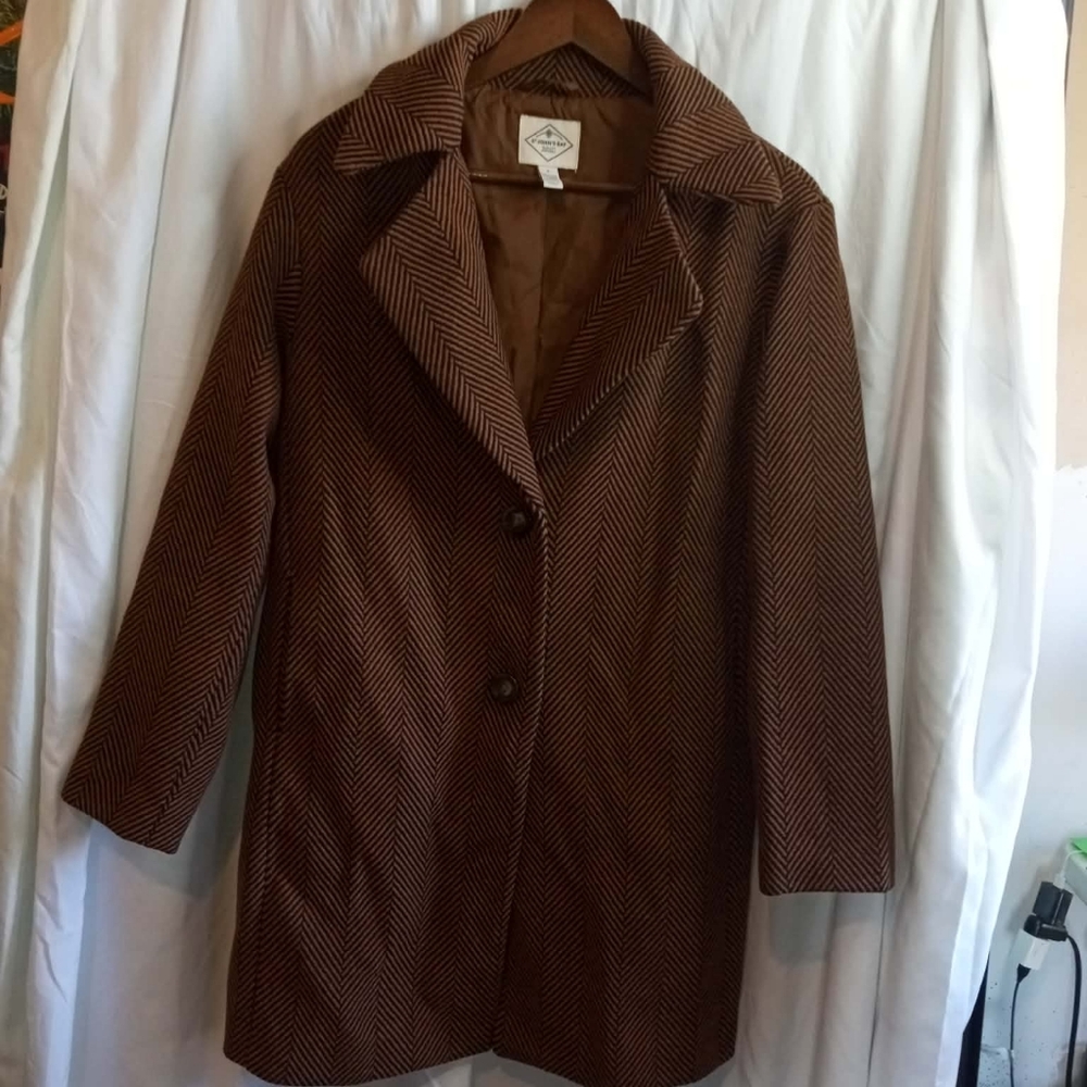 St. John's Bay Small Brown Herringbone Vintage Classic Pockets Trench Coat Wool